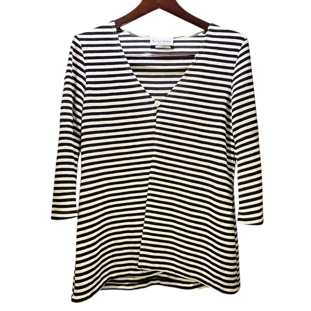 Nicole Studio Striped Cardigan Navy & White V-Neck 3/4 Sleeve Sweater Size 6